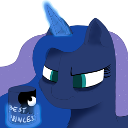 Size: 1000x1000 | Tagged: safe, artist:shoophoerse, imported from derpibooru, princess luna, alicorn, pony, atg 2019, bags under eyes, best princess, female, luna is not amused, magic, mug, newbie artist training grounds, simple background, solo, tired, unamused, white background