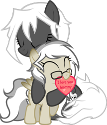 Size: 1632x1898 | Tagged: safe, artist:zacatron94, imported from derpibooru, oc, oc only, oc:artistic treasure, oc:captain white, pegasus, pony, card, cute, female, filly, glasses, hug, parent:oc:blank novel, parent:oc:captain white, parents:oc x oc, parents:whitenovel, simple background, transparent background, whitenovel