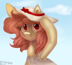 Size: 1500x1349 | Tagged: safe, artist:enderselyatdark, imported from derpibooru, oc, oc only, oc:selya t'dark, pony, bust, clothes, cottagecore, cute, dress, female, hat, looking at you, outdoors, portrait, rcf community, red eyes, sky, smiling, solo, sun hat, sundress, three quarter view