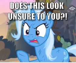 Size: 386x319 | Tagged: safe, edit, edited screencap, imported from derpibooru, screencap, trixie, road to friendship, angry, caption, image macro, just one bite, meme, spongebob squarepants, text, trixie yells at everything