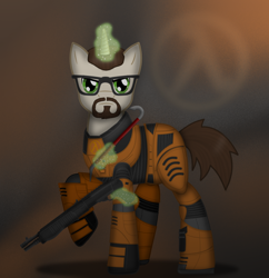 Size: 2002x2068 | Tagged: safe, artist:99999999000, imported from derpibooru, pony, unicorn, beard, clothes, crowbar, facial hair, glowing horn, gordon freeman, gun, half-life, hev suit, horn, magic, male, ponified, shotgun, solo, spas-12, suit, telekinesis, weapon