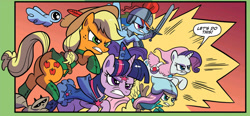 Size: 2019x939 | Tagged: safe, artist:kate sherron, idw, imported from derpibooru, applejack, fluttershy, rainbow dash, rarity, twilight sparkle, bird, earth pony, pegasus, pony, raccoon, unicorn, spoiler:comic, spoiler:comic80, adventuring party, cleric, clothes, fantasy class, female, fighter, larp, mage, mare, official comic, orange background, ranger, rogue, simple background, speech bubble, thief, trace