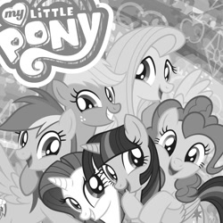 Size: 960x960 | Tagged: safe, imported from derpibooru, applejack, fluttershy, pinkie pie, rainbow dash, rarity, twilight sparkle, alicorn, pony, rainbow roadtrip, grayscale, mane six, monochrome, my little pony logo, official, twilight sparkle (alicorn)