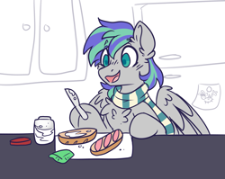 Size: 3329x2647 | Tagged: safe, artist:ruef, imported from derpibooru, oc, oc only, oc:storm feather, pegasus, pony, chest fluff, clothes, food, hoof hold, jar, male, open mouth, refrigerator, sandwich, scarf, smiling, solo, stallion