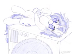 Size: 1024x768 | Tagged: safe, artist:novaintellus, imported from derpibooru, dj pon-3, vinyl scratch, pony, unicorn, atg 2019, female, looking at you, mare, monochrome, newbie artist training grounds, on back, smiling, solo, speaker