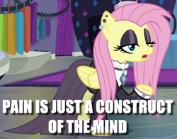 Size: 780x610 | Tagged: safe, edit, edited screencap, imported from derpibooru, screencap, fluttershy, fake it 'til you make it, caption, clothes, dress, fluttergoth, goth, image macro, text