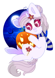 Size: 918x1294 | Tagged: safe, artist:shady-bush, imported from derpibooru, oc, oc only, oc:orchidea loitsu, pony, unicorn, chibi, clothes, female, halloween, holiday, jack-o-lantern, mare, pumpkin, scarf, simple background, solo, transparent background