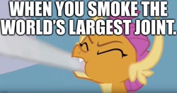 Size: 1229x642 | Tagged: safe, edit, edited screencap, imported from derpibooru, screencap, smolder, 2 4 6 greaaat, caption, drug use, drugs, image macro, joint, marijuana, smoke, solo, text