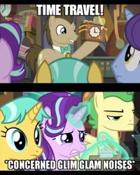 Size: 640x800 | Tagged: safe, edit, edited screencap, imported from derpibooru, screencap, citrine spark, doctor whooves, fire quacker, huckleberry, november rain, starlight glimmer, time turner, earth pony, pegasus, pony, unicorn, a horse shoe-in, clipboard, clock, concerned, descriptive noise, eyes half closed, field trip, friendship student, glim glam, glowing horn, horn, horse noises, levitation, lidded eyes, magic, magic aura, pencil, smiling, telekinesis, text, time travel, time travel glimmer