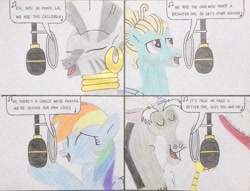 Size: 2805x2148 | Tagged: safe, artist:don2602, imported from derpibooru, discord, rainbow dash, zecora, zephyr breeze, draconequus, pegasus, pony, zebra, comic:g4 we are the world, end of ponies, eyes closed, looking up, microphone, raised hoof, recording, song reference, traditional art, we are the world