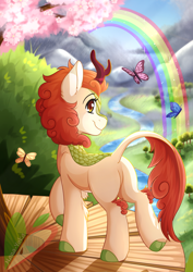 Size: 2480x3507 | Tagged: safe, artist:nana-yuka, imported from derpibooru, autumn blaze, butterfly, kirin, awwtumn blaze, cherry blossoms, cute, female, flower, flower blossom, leg fluff, rainbow, river, scenery, solo