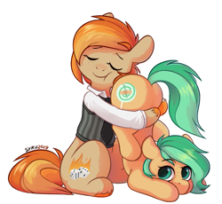 Size: 1145x1055 | Tagged: safe, artist:survya, imported from derpibooru, oc, oc only, oc:minty pop, oc:parlay, earth pony, pony, butt, butthug, clothes, faceful of ass, female, freckles, hug, lesbian, mare, necktie, oc x oc, parpop, shipping, tell me your secrets, vest