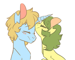 Size: 500x395 | Tagged: safe, artist:laceymod, imported from derpibooru, oc, oc only, oc:invidia, oc:sandy shores, earth pony, pony, unicorn, female, kissing, mare