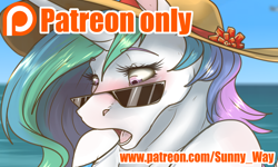 Size: 1672x1000 | Tagged: source needed, useless source url, safe, artist:sunny way, imported from derpibooru, princess celestia, alicorn, anthro, advertisement, beach, blushing, female, hat, horn, open mouth, patreon, patreon exclusive, patreon logo, patreon preview, paywall content, rcf community, solo, sunglasses, sunlight, sunny