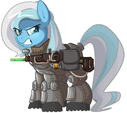 Size: 1925x1717 | Tagged: safe, artist:pippy, imported from derpibooru, oc, oc only, oc:wintermute, earth pony, pony, fallout equestria, armor, battle saddle, energy weapon, fanfic, fanfic art, female, gritted teeth, grumpy, gun, hooves, magical energy weapon, mare, power armor, rifle, scowl, simple background, solo, steel ranger, transparent background, weapon