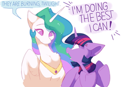 Size: 4344x3071 | Tagged: safe, artist:hiccupsdoesart, deleted from derpibooru, imported from derpibooru, princess celestia, twilight sparkle, alicorn, pony, chest fluff, cross-popping veins, dialogue, duo, female, heatwave, mare, open mouth, simple background, twilight sparkle (alicorn), white background