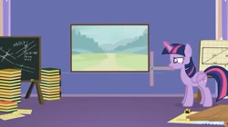 Size: 1536x861 | Tagged: safe, artist:forgalorga, imported from derpibooru, twilight sparkle, alicorn, pony, book, chalk, chalkboard, crosscut saw, diagram, everypony is strange, female, geometry, glowing horn, horn, it came from youtube, levitation, magic, mare, math, measuring, measuring tape, ocd, painting, pencil, saw, t square, telekinesis, twilight is not amused, twilight sparkle (alicorn), twilight sparkle is not amused, unamused, youtube link