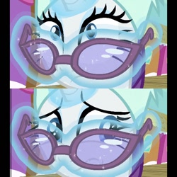 Size: 540x540 | Tagged: safe, edit, imported from derpibooru, screencap, rarity, pony, unicorn, dragon dropped, close-up, concerned, female, glasses, hat, looking up, magic, mare, solo, train, winter outfit