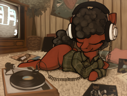 Size: 2074x1562 | Tagged: safe, artist:marsminer, imported from derpibooru, oc, oc only, pony, 80s, afro, clothes, curly hair, curly mane, female, headphones, isaac hayes, mare, michael jackson, quincy jones, record player, records, solo, television