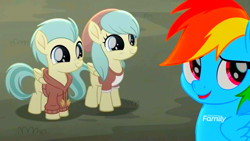 Size: 1366x768 | Tagged: safe, color edit, edit, edited screencap, imported from derpibooru, screencap, barley barrel, pickle barrel, rainbow dash, pegasus, pony, rainbow roadtrip, barleybetes, barrel twins, barrelbetes, beanie, brother and sister, clothes, colored, colt, cute, discovery family logo, female, filly, hat, hoodie, male, mare, picklebetes, puppy dog eyes, saturated, siblings, trio, twins