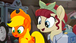 Size: 1366x768 | Tagged: safe, color edit, edit, edited screencap, imported from derpibooru, screencap, applejack, torque wrench, earth pony, pony, rainbow roadtrip, atorqueable, colored, cowboy hat, cute, duo, female, hat, mare, overalls, saturated