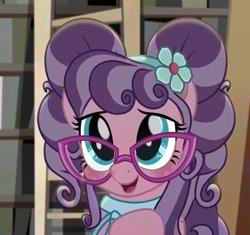 Size: 674x634 | Tagged: safe, color edit, edit, edited screencap, imported from derpibooru, screencap, petunia petals, earth pony, pony, rainbow roadtrip, blushing, colored, cute, daaaaaaaaaaaw, glasses, petalbetes, pigtails, saturated