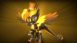 Size: 3840x2160 | Tagged: safe, artist:phoenixtm, imported from derpibooru, oc, oc:phoenix stardash, dracony, hybrid, pony, robot, robot pony, 3d, dracony alicorn, happy, hat, looking at camera, robot dracony, source filmmaker, spread wings, top hat, wings