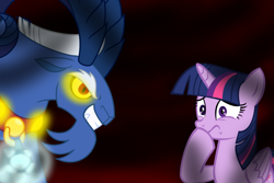 Size: 1500x1000 | Tagged: safe, artist:fercho262, editor:katya, imported from derpibooru, grogar, twilight sparkle, alicorn, sheep, bell, dark, dark magic, dust, evil, fake, final battle, grogar's bell, happy, magic, nervous, ram, series finale, shadows, twilight sparkle (alicorn), twilight vs grogar, vector, wind