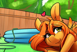 Size: 947x638 | Tagged: safe, artist:sugarlesspaints, imported from derpibooru, oc, oc only, pegasus, pony, cropped, female, fence, heart, outdoors, pegasus oc, smiling, solo, swimming pool, wings