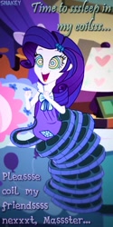 Size: 632x1264 | Tagged: safe, artist:snakeythingy, imported from derpibooru, rarity, equestria girls, bedroom, clothes, coiling, coils, cute, female, hypno eyes, kaa, kaa eyes, massage, mind control, nightgown, pajamas, peril, sexy, sleeping, smiling, solo, story included, text