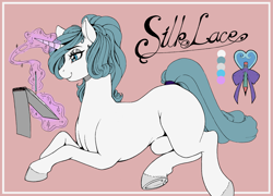 Size: 3507x2530 | Tagged: safe, artist:longinius, imported from derpibooru, oc, oc only, oc:silk lace, pony, unicorn, cutie mark, female, magic, mare, pencil, reference sheet, simple background, sketchpad, solo, tail wrap, telekinesis, text, underhoof