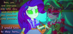 Size: 1300x620 | Tagged: safe, artist:snakeythingy, imported from derpibooru, gaea everfree, gloriosa daisy, rarity, equestria girls, legend of everfree, bracelet, camp everfree, camp everfree outfits, camp fashion show outfit, clothes, cute, female, geode of shielding, hypno eyes, hypnosis, hypnotized, jewelry, solo, story included, text