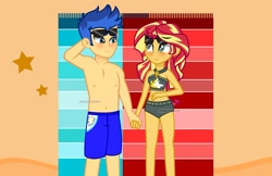 Size: 1280x829 | Tagged: safe, artist:paulysentry, deleted from derpibooru, imported from derpibooru, flash sentry, sunset shimmer, starfish, equestria girls, beach, belly button, bikini, blushing, clothes, female, flashimmer, holding hands, male, midriff, partial nudity, shipping, smiling, straight, sunglasses, swimsuit, topless, towel