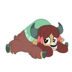 Size: 3000x3000 | Tagged: safe, artist:squipycheetah, imported from derpibooru, yona, yak, bow, cloven hooves, cute, female, hair bow, happy, horn, looking back, monkey swings, prone, simple background, sitting, smiling, solo, transparent background, yonadorable