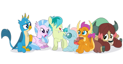 Size: 3902x2043 | Tagged: safe, artist:squipycheetah, imported from derpibooru, gallus, ocellus, sandbar, silverstream, smolder, yona, changedling, changeling, classical hippogriff, dragon, earth pony, griffon, hippogriff, pony, yak, bow, cute, cutie mark, diaocelles, diastreamies, dragoness, female, gallabetes, hair bow, happy, jewelry, laughing, looking back, looking up, male, monkey swings, necklace, open mouth, sandabetes, simple background, sitting, smiling, smolderbetes, student six, teenaged dragon, teenager, transparent background, yonadorable