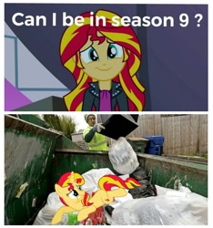 Size: 1270x1357 | Tagged: safe, imported from derpibooru, sunset shimmer, human, pony, unicorn, equestria girls, rainbow rocks, season 9, spoiler:s09, abuse, background pony strikes again, dumpster, equestria girls drama, female, hilarious in hindsight, mare, meme, op is a duck, op is trying to start shit, shimmerbuse, trash