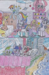 Size: 1536x2363 | Tagged: safe, artist:nephilim rider, imported from derpibooru, applejack, fluttershy, pinkie pie, rainbow dash, rarity, spike, starlight glimmer, twilight sparkle, oc, oc:heaven lost, dragon, city, nephilim, ocean, traditional art, winged spike, wings