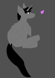 Size: 1087x1557 | Tagged: safe, artist:ruchiyoto, imported from derpibooru, oc, oc only, oc:hearts dalliance, alicorn, butterfly, pony, edgy, male, simple background, solo, stallion