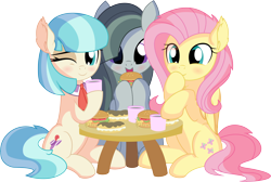 Size: 8848x5961 | Tagged: safe, artist:cyanlightning, imported from derpibooru, coco pommel, fluttershy, marble pie, earth pony, pegasus, pony, .svg available, absurd resolution, blushing, burger, chest fluff, chocolate, cocobetes, coffee cup, coffee mug, cup, cute, ear fluff, eating, eclair, female, folded wings, food, hair, hay burger, holding, marblebetes, mare, mug, one eye closed, open mouth, shyabetes, simple background, sitting, table, the council of shy ponies, transparent background, trio, trio female, vector, wings, wink