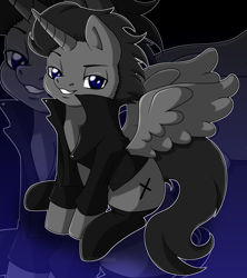 Size: 1276x1434 | Tagged: safe, artist:ruchiyoto, imported from derpibooru, oc, oc only, oc:black cross, alicorn, pony, alicorn oc, boots, clothes, crucifix, grin, horn, jacket, male, shoes, sitting, smiling, socks, solo, stallion, wings, zoom layer