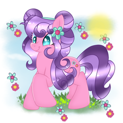 Size: 3000x3000 | Tagged: safe, artist:doraeartdreams-aspy, imported from derpibooru, petunia petals, pony, rainbow roadtrip, cute, female, flower, pigtails, smiling, solo, sun