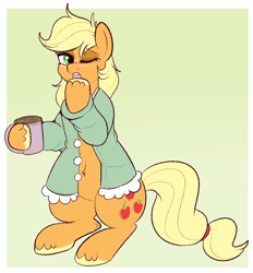 Size: 796x856 | Tagged: safe, artist:lulubell, imported from derpibooru, applejack, pony, clothes, coffee, female, robe, solo, yawn