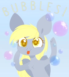 Size: 1280x1423 | Tagged: safe, artist:belka-sempai, imported from derpibooru, derpy hooves, pegasus, pony, big ears, bubble, chest fluff, colored pupils, cute, derpabetes, female, mare, solo, tongue out