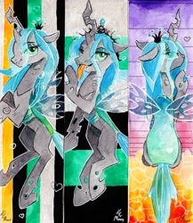 Size: 1024x1180 | Tagged: safe, artist:lailyren, artist:moonlight-ki, imported from derpibooru, queen chrysalis, changeling, changeling queen, bookmark, crown, female, jewelry, regalia, smiling, solo, tongue out, traditional art, watercolor painting