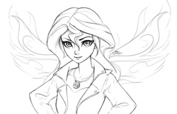 Size: 1000x647 | Tagged: safe, artist:imdrunkontea, imported from derpibooru, sunset shimmer, equestria girls, clothes, ethereal wings, female, grayscale, jacket, leather jacket, looking at you, monochrome, simple background, sketch, white background, wings