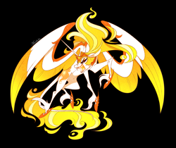 Size: 2513x2115 | Tagged: safe, artist:marbola, imported from derpibooru, daybreaker, alicorn, pony, black background, fangs, female, mane of fire, mare, open mouth, sharp teeth, simple background, solo, spread wings, teeth, unshorn fetlocks, wings