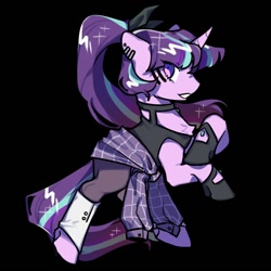 Size: 1000x1000 | Tagged: safe, artist:snowillusory, imported from derpibooru, starlight glimmer, pony, unicorn, black background, clothes, ear piercing, gloves, piercing, ponytail, simple background, solo