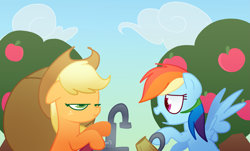 Size: 2685x1621 | Tagged: safe, artist:andromedasparkz, imported from derpibooru, applejack, rainbow dash, earth pony, pegasus, pony, atg 2019, cider mug, female, mare, mug, newbie artist training grounds, unamused