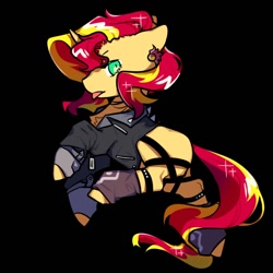 Size: 1000x1000 | Tagged: safe, artist:snowillusory, imported from derpibooru, sunset shimmer, pony, unicorn, black background, clothes, ear piercing, earring, female, jacket, jewelry, leather jacket, piercing, simple background, socks, solo, tongue out