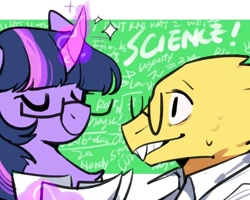 Size: 1280x1024 | Tagged: safe, artist:snowillusory, imported from derpibooru, twilight sparkle, alphys, crossover, duo, eyes closed, glasses, magic, undertale